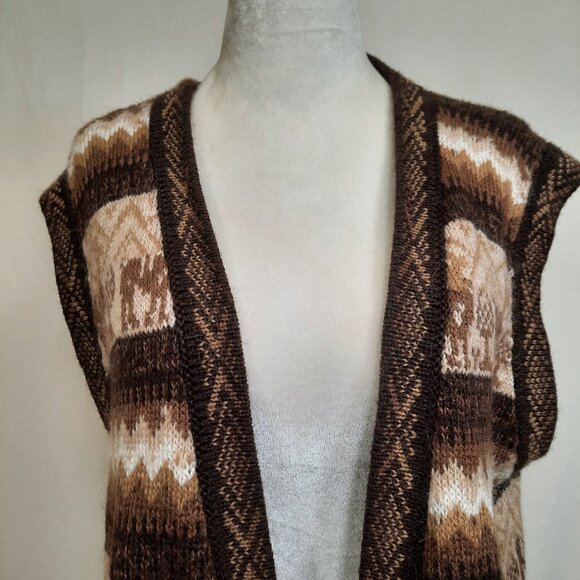 Alpaca Fina Long Sleeveless Cardigan Peruvian Sweater Vest Brown Beige Size M - Picture 4 of 10